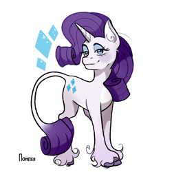 Size: 2754x2754 | Tagged: safe, artist:gaypompeii, imported from derpibooru, rarity, classical unicorn, pony, unicorn, female, leonine tail, lidded eyes, mare, simple background, smiling, solo, unshorn fetlocks, white background