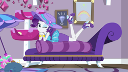 Size: 1920x1080 | Tagged: safe, imported from derpibooru, screencap, rarity, camping must-haves, equestria girls, equestria girls series, spoiler:eqg series (season 2), body pillow, cushion, female, geode of shielding, looking at you, magical geodes, pillow, rarity peplum dress, rarity's bedroom, solo