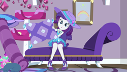 Size: 1920x1080 | Tagged: safe, imported from derpibooru, screencap, rarity, camping must-haves, equestria girls, equestria girls series, spoiler:eqg series (season 2), :o, cute, geode of shielding, looking at you, magical geodes, open mouth, rarara, raribetes, rarity peplum dress, rarity's bedroom, sitting