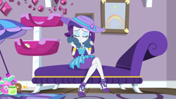 Size: 1920x1080 | Tagged: safe, imported from derpibooru, screencap, rarity, camping must-haves, equestria girls, equestria girls series, spoiler:eqg series (season 2), couch, crossed legs, eyes closed, female, geode of shielding, magical geodes, puckered lips, rarity peplum dress, rarity's bedroom, sitting, solo