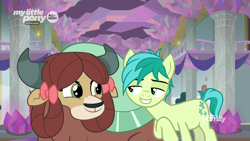 Size: 1920x1080 | Tagged: safe, imported from derpibooru, screencap, sandbar, yona, pony, yak, she's all yak, discovery family logo, eye contact, faic, female, looking at each other, male, shipping fuel, smug, teenager