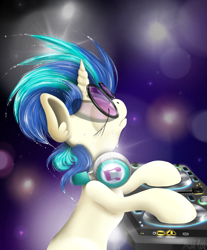 Size: 768x926 | Tagged: safe, artist:valemjj, imported from derpibooru, dj pon-3, vinyl scratch, pony, unicorn, eyes closed, female, headphones, solo, turntable