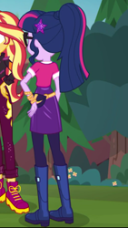Size: 1242x2208 | Tagged: safe, imported from derpibooru, screencap, sci-twi, sunset shimmer, twilight sparkle, equestria girls, equestria girls series, festival filters, spoiler:eqg series (season 2), boots, clothes, fanny pack, geode of telekinesis, magical geodes, ponytail, shoes