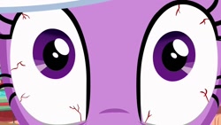 Size: 1280x720 | Tagged: safe, imported from derpibooru, screencap, twilight sparkle, pony, unicorn, it's about time, season 2, bloodshot eyes, close-up, creepy face, extreme close up, extreme close-up, female, golden oaks library, looking at you, mare, monitor everything, solo, soul piercing stare, vein