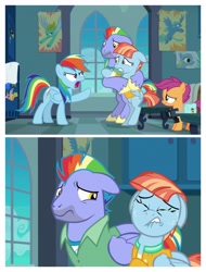 Size: 3106x4096 | Tagged: safe, imported from derpibooru, screencap, bow hothoof, rainbow dash, scootaloo, windy whistles, pony, parental glideance, crying, rainbow douche, sad, windybuse