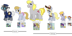 Size: 3888x1944 | Tagged: safe, artist:thecheeseburger, imported from derpibooru, crackle pop, derpy hooves, dipsy hooves, graceful falls, hugh jelly, mr. zippy, earth pony, pegasus, pony, unicorn, family, food, group, headcanon, looking at you, muffin, shipping, siblings, simple background, smiling, transparent background