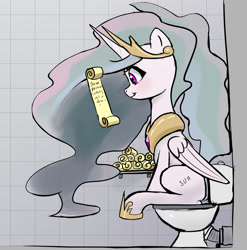 Size: 1426x1446 | Tagged: safe, artist:xbi, imported from derpibooru, princess celestia, alicorn, pony, :t, alternate cutie mark, bathroom, blushing, but why, female, implied pooping, levitation, magic, mare, profile, reading, scroll, sitting, sitting on toilet, smiling, solo, telekinesis, toilet, toilet humor, toilet paper