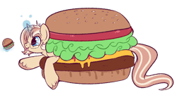 Size: 850x459 | Tagged: safe, artist:lulubell, imported from derpibooru, oc, oc only, oc:lulubell, pony, burger, cannibalism, food, horse meat, magic, magic aura, meat, solo