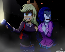 Size: 2160x1720 | Tagged: safe, artist:the-butch-x, imported from derpibooru, applejack, rarity, equestria girls, applejack's hat, birthday gift art, clothes, cowboy hat, duo, female, flashlight (object), freckles, gift art, hat, lesbian, night, open mouth, rarijack, scared, shipping, signature, sweat