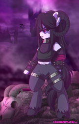 Size: 1284x2000 | Tagged: safe, artist:ciderpunk, imported from derpibooru, oc, oc only, oc:lithalbe shadlitch, demon, demon pony, goat, goat pony, original species, undead, bipedal, choker, darksynth, demon horns, ear piercing, earring, eyeshadow, glow, glowing, glowing eyes, goth, horn, horns, jewelry, lips, makeup, necklace, pentagram, piercing, skull, spikes, underworld