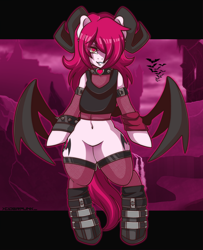 Size: 1624x2000 | Tagged: safe, artist:ciderpunk, imported from derpibooru, oc, oc only, oc:carmesin, demon, demon pony, original species, succubus, undead, bipedal, choker, clothes, darksynth, demon horns, eyeshadow, glow, glowing, horn, jewelry, looking at you, makeup, necklace, sensual, sexy, spikes, underworld