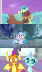 Size: 1920x3240 | Tagged: safe, imported from derpibooru, screencap, gallus, ocellus, sandbar, silverstream, smolder, yona, changedling, changeling, classical hippogriff, dragon, earth pony, griffon, hippogriff, pony, yak, a matter of principals, she's all yak, what lies beneath, bow, catacomb, cloven hooves, cute, diaocelles, diastreamies, female, gallabetes, gallstream, hair bow, hug, implied lesbian, implied shipping, implied smolcellus, looking at each other, male, monkey swings, not sure if want, pair the spares, sandabetes, shipping fuel, shooting star, smolderbetes, straight, student six, teenager, yonadorable