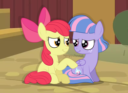 Size: 1936x1400 | Tagged: safe, artist:squipycheetah, imported from derpibooru, apple bloom, wind sprint, earth pony, pegasus, pony, common ground, apple bloom's bow, bonding, bow, butt touch, comforting, cute, duo, duo female, eye contact, female, filly, folded wings, freckles, friendshipping, hair bow, happy, hoof on butt, looking at each other, looking back, raised hoof, sitting, smiling, watermark, wings