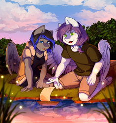 Size: 2457x2601 | Tagged: safe, artist:hakkids2, imported from derpibooru, oc, oc only, anthro, pegasus, unguligrade anthro, anthro oc, clothes, grass, high res, hoodie, open mouth, pond, sailboat, scenery, shorts, toy boat, underhoof, water