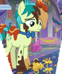 Size: 1970x2329 | Tagged: safe, composite screencap, edit, edited screencap, imported from derpibooru, screencap, sandbar, earth pony, pony, she's all yak, balloon, bowtie, crystal, food, male, mess, messy, panorama, sad, stallion, streamers, trophy