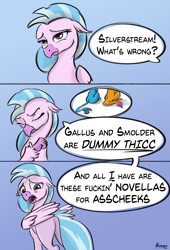 Size: 1144x1680 | Tagged: safe, artist:kam, imported from derpibooru, gallus, silverstream, smolder, classical hippogriff, dragon, griffon, hippogriff, blue background, butt, comic, dialogue, dummy thicc, female, gallass, offscreen character, plot, simple background, smolderriere, speech bubble, streambutt, vulgar