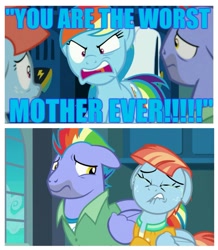 Size: 1265x1453 | Tagged: safe, edit, edited screencap, imported from derpibooru, screencap, bow hothoof, rainbow dash, windy whistles, pony, parental glideance, abuse, crying, downvote bait, excessive exclamation marks, op is a duck, op is trying to start shit, ouch, rainbow dash's parents, rainbow douche, sad, why, windybuse