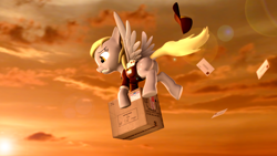 Size: 3840x2160 | Tagged: safe, artist:psfmer, imported from derpibooru, derpy hooves, pegasus, pony, the point of no return, 3d, box, butt, cardboard box, carrying, cloud, dock, envelope, female, flying, lens flare, mailmare, mare, package, plot, rear view, scene interpretation, solo, source filmmaker, sun, sunset, wings