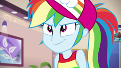 Size: 1920x1080 | Tagged: safe, artist:axelsanchez, imported from derpibooru, screencap, rainbow dash, equestria girls, equestria girls series, spring breakdown, spoiler:eqg series (season 2), clothes, cute, dashabetes, female, hat, ponytail, sleeveless, smiling, solo