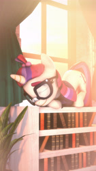 Size: 3252x5782 | Tagged: safe, artist:sourcerabbit, imported from derpibooru, moondancer, pony, unicorn, 3d, behaving like a cat, book, bookshelf, cute, dancerbetes, female, mare, sleeping, smiling, solo, source filmmaker, window