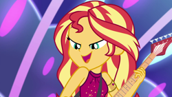 Size: 1920x1080 | Tagged: safe, artist:axelsanchez, imported from derpibooru, screencap, sunset shimmer, equestria girls, equestria girls series, spring breakdown, spoiler:eqg series (season 2), bracelet, clothes, dress, female, guitar, jewelry, singing, sleeveless, solo