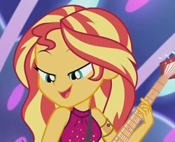 Size: 882x720 | Tagged: safe, artist:axelsanchez, imported from derpibooru, screencap, sunset shimmer, equestria girls, equestria girls series, spring breakdown, spoiler:eqg series (season 2), bracelet, clothes, dress, female, guitar, jewelry, singing, sleeveless, solo