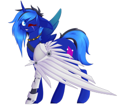 Size: 3000x2545 | Tagged: safe, artist:sodapopfairypony, imported from derpibooru, oc, oc only, oc:diamond sparkle, pegasus, pony, amputee, artificial wings, augmented, female, mare, mechanical wing, one eye closed, prosthetic limb, prosthetic wing, prosthetics, simple background, solo, transparent background, wings, wink