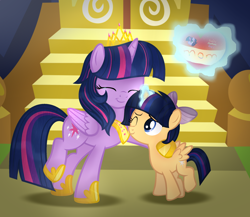 Size: 2232x1936 | Tagged: safe, artist:alizeethepony2008, imported from derpibooru, twilight sparkle, oc, oc:shining star, alicorn, pony, alicorn oc, alternate hairstyle, base used, bow, female, filly, hair bow, hug, magic, mare, mother and daughter, offspring, one eye closed, parent:flash sentry, parent:twilight sparkle, parents:flashlight, telekinesis, twilight sparkle (alicorn)