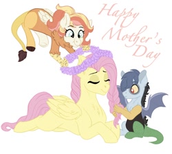 Size: 768x688 | Tagged: safe, artist:pastel-charms, imported from derpibooru, fluttershy, oc, oc:harmonic chord, oc:low-key paradox, draconequus, hybrid, pony, braid, eyes closed, female, floral head wreath, flower, interspecies offspring, male, mother and daughter, mother and son, offspring, parent:discord, parent:fluttershy, parents:discoshy, prone, simple background, white background