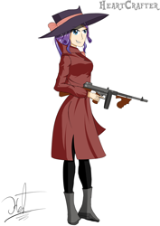 Size: 3508x4961 | Tagged: safe, artist:heart324, imported from derpibooru, rarity, human, equestria girls, bow, clothes, detective rarity, female, full body, gun, humanized, simple background, solo, standing, tommy gun, trenchcoat, weapon, white background