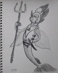 Size: 2448x3060 | Tagged: safe, artist:rockhoppr3, imported from derpibooru, seapony (g4), monochrome, solo, traditional art, trident