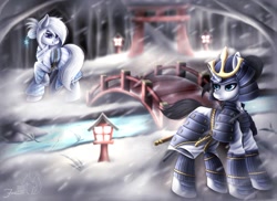 Size: 1200x875 | Tagged: safe, artist:hoodiefoxy, imported from derpibooru, oc, oc only, oc:shiro reisu, earth pony, original species, pony, unicorn, youkai, yuki onna, armor, badass, blizzard, bridge, female, japanese, katana, lantern, male, mare, samurai, scenery, snow, snowfall, stallion, sword, torii, weapon