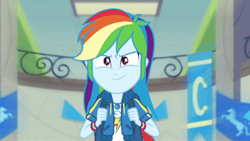 Size: 400x226 | Tagged: safe, imported from derpibooru, screencap, rainbow dash, equestria girls, equestria girls series, run to break free, spoiler:eqg series (season 2), backpack, bracelet, canterlot high, chs flag, confident, female, geode of super speed, jewelry, magical geodes, solo