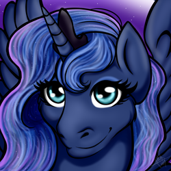 Size: 1300x1300 | Tagged: safe, artist:julis-rocks, imported from derpibooru, princess luna, alicorn, pony, bust, ethereal mane, female, mare, night, smiling, solo, spread wings, starry mane, stars, wings