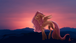 Size: 4188x2394 | Tagged: safe, artist:chepymur, imported from derpibooru, fluttershy, pegasus, pony, eyes closed, female, floppy ears, mare, missing cutie mark, profile, smiling, solo, spread wings, sunset, wings