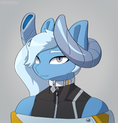 Size: 2500x2600 | Tagged: safe, artist:mopyr, imported from derpibooru, oc, oc only, oc:moosin, anthro, hybrid, original species, bust, collar, femboy, horn, male, portrait, skintight clothes, solo