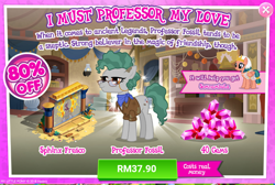 Size: 1036x696 | Tagged: safe, imported from derpibooru, professor fossil, somnambula, earth pony, pony, advertisement, costs real money, female, gameloft, gem, mare, official