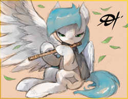 Size: 2475x1914 | Tagged: safe, artist:alts-art, imported from derpibooru, oc, oc only, oc:cynosura, pegasus, pony, bamboo, clothes, colored sketch, female, flute, leaves, lidded eyes, looking down, mare, musical instrument, orange background, playing instrument, scarf, signature, simple background, sitting, sketch, solo, spread wings, unshorn fetlocks, watercolor painting, wings