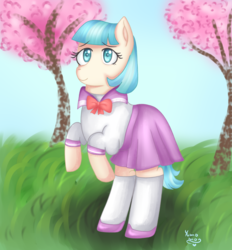 Size: 2600x2800 | Tagged: safe, artist:yumomochan, imported from derpibooru, coco pommel, earth pony, pony, clothes, cocobetes, cute, female, grass, mare, pastel, pleated skirt, school uniform, shoes, skirt, socks, solo, tree