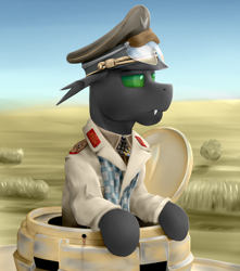 Size: 1920x2170 | Tagged: safe, artist:richmay, imported from derpibooru, oc, oc only, changeling, equestria at war mod, afrika korps, army, bust, cap, changeling oc, clothes, commission, desert, green changeling, hat, military, military uniform, panzer iii, portrait, tank (vehicle), uniform, war, wehrmacht, world war ii