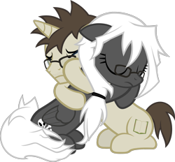 Size: 2153x1997 | Tagged: safe, artist:zacatron94, imported from derpibooru, oc, oc only, oc:blank novel, oc:captain white, pegasus, pony, unicorn, female, glasses, hug, male, mare, stallion, whitenovel