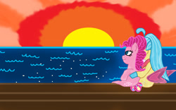 Size: 1300x811 | Tagged: safe, artist:bigpurplemuppet99, imported from derpibooru, pinkie pie, princess skystar, seapony (g4), female, lesbian, seaponified, seapony pinkie pie, shipping, skypie, species swap, sunset