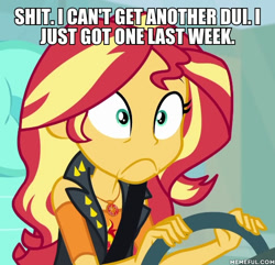 Size: 600x578 | Tagged: safe, edit, edited screencap, imported from derpibooru, screencap, sunset shimmer, driving miss shimmer, equestria girls, equestria girls series, cropped, driving miss shimmer: fluttershy, female, geode of empathy, impact font, magical geodes, memeful.com, solo