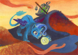 Size: 1280x911 | Tagged: safe, artist:leavingcrow, imported from derpibooru, trixie, sphinx, clothes, desert, dune, female, hat, solo, species swap, sphinxified, traditional art, treasure, treasure hunting, trixie's hat