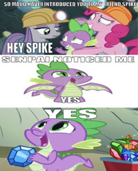 Size: 660x816 | Tagged: safe, edit, edited screencap, editor:undeadponysoldier, imported from derpibooru, screencap, maud pie, pinkie pie, spike, dragon, earth pony, pony, a dog and pony show, rock solid friendship, bad quality, caption, female, gem cave, gemstones, helmet, image macro, male, mare, maudspike, meme, mike, mining helmet, notice me senpai, peanut butter gamer, reference, senpai, senpai noticed me, text, wagon, winged spike, wings, wrong aspect ratio