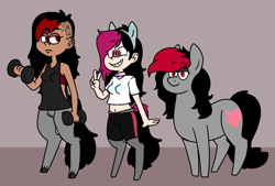 Size: 1207x816 | Tagged: safe, artist:/d/non, imported from derpibooru, oc, oc:bella, oc:hiki, oc:miss eri, earth pony, satyr, cat ears, clothes, compression shorts, dumbbell (object), parent:oc:miss eri, spats, style emulation, the loud house, undercut, weights
