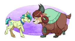 Size: 1772x964 | Tagged: safe, artist:inuhoshi-to-darkpen, imported from derpibooru, sandbar, yona, earth pony, pony, yak, she's all yak, blushing, bow, bowtie, cheek fluff, cloven hooves, cute, dancing, ear fluff, female, hair bow, interspecies, leg fluff, looking at each other, male, monkey swings, raised leg, shipping, smiling, straight, teenager, yonabar, yonadorable