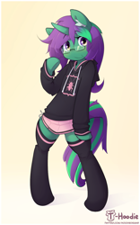 Size: 935x1497 | Tagged: safe, artist:hoodie, imported from derpibooru, oc, oc only, oc:buggy code, pony, semi-anthro, unicorn, arm hooves, bipedal, clothes, cute, female, glasses, hoodie, mare, miniskirt, ocbetes, pleated skirt, skirt, socks, solo, thigh highs, zettai ryouiki