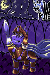 Size: 1024x1536 | Tagged: safe, artist:korencz11, imported from derpibooru, dinky hooves, nightmare moon, alicorn, pony, unicorn, armor, cape, clothes, fanfic, fanfic art, gladius, story in the source, sword, weapon