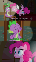 Size: 1908x3232 | Tagged: safe, edit, edited screencap, imported from derpibooru, screencap, gummy, pinkie pie, spike, party of one, female, interrogation, male, pinkiespike, shipping, spotlight, straight